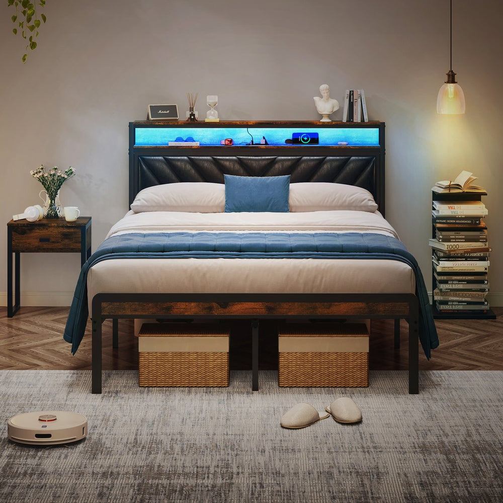 English Elm Queen Metal Platform Bed Adjustable Headboard Led Lighting Usb Charging Industrial W1903P195337