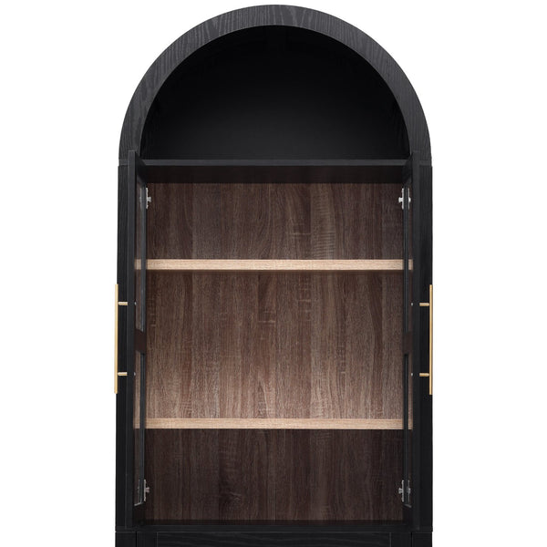 English Elm K&K 71" Arched Kitchen Pantry Cabinet with Glass Doors, Adjustable Shelves, Soft-Close Drawers Black N707P288972B