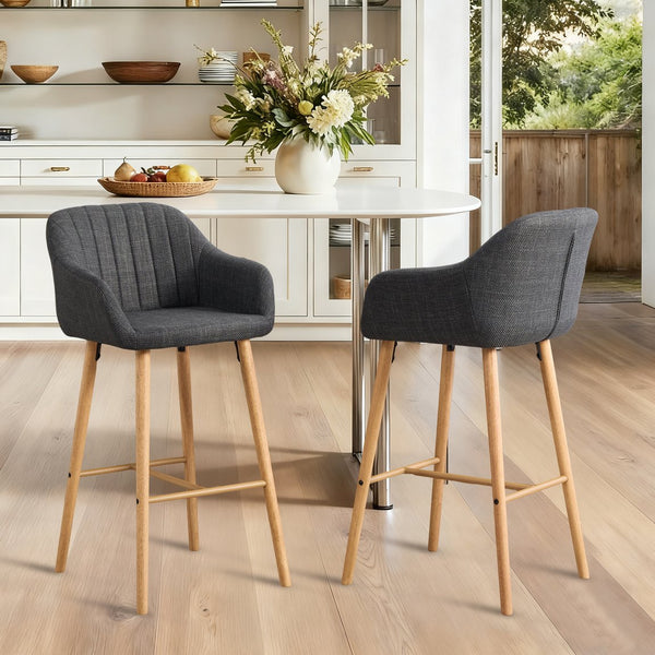 English Elm Modern Linen Upholstered Barstools with Oak Legs Armrests and Footrest for Kitchen Islands Black W395P396317