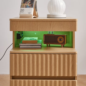 English Elm Modern Oak Nightstand with Charging Station Hidden Compartment and Open Storage Shelf W5368P460458