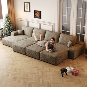 English Elm 135"Large Modular Cloud Sofa - 6-Seater Down Sofa Bed In Camel Plush Corduroy, No Tools Needed! W2824S00064