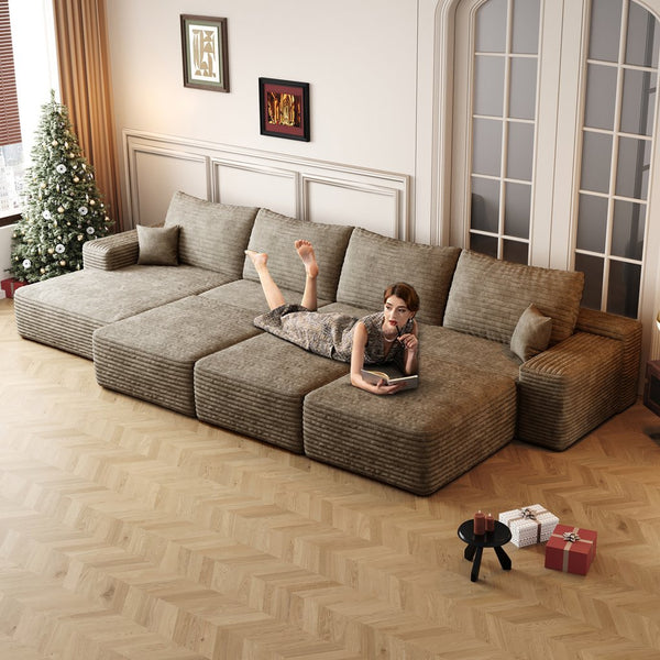 English Elm 135"Large Modular Cloud Sofa - 6-Seater Down Sofa Bed In Camel Plush Corduroy, No Tools Needed! W2824S00064