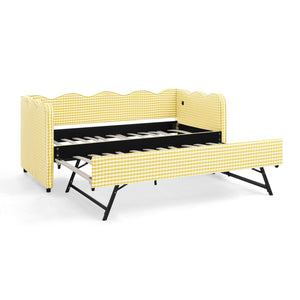 English Elm Cozy Gingham Linen Daybed with Pull Out Trundle Usb Port Wave Back Twin Sofa Yellow W1413S00121