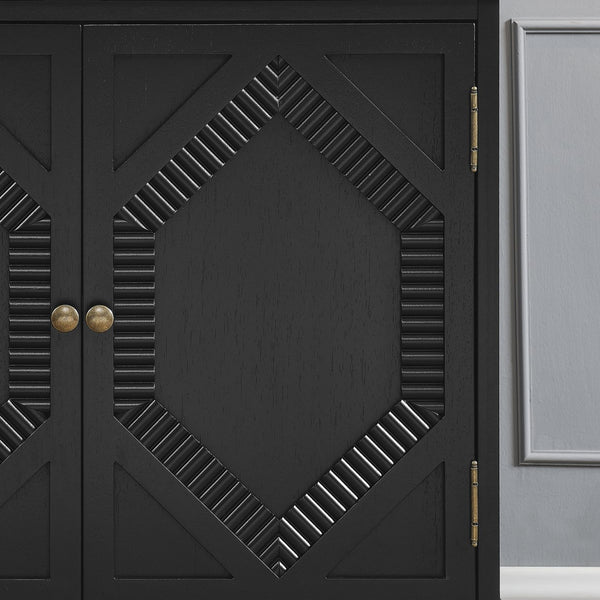 English Elm 65.2" Mid Century Sideboard Buffet with Fluted Geometric Doors, Spacious Adjustable Shelves & Brass Accents Black W1801P346229