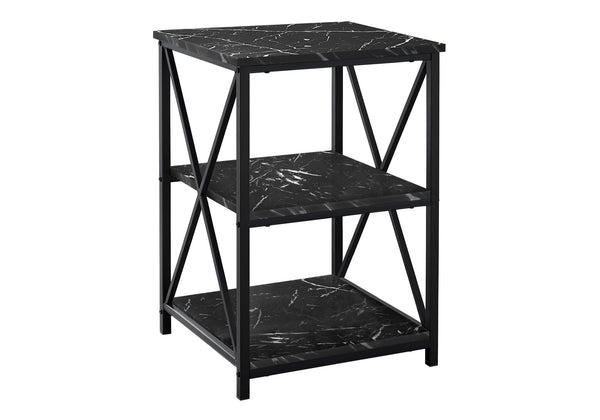 English Elm Accent 3-Tier Side Table with Marble-Look Top and X Metal Frame — Modern End/Nightstand, 18" H Black 27 L x 20 W x 5 H B2710P219350