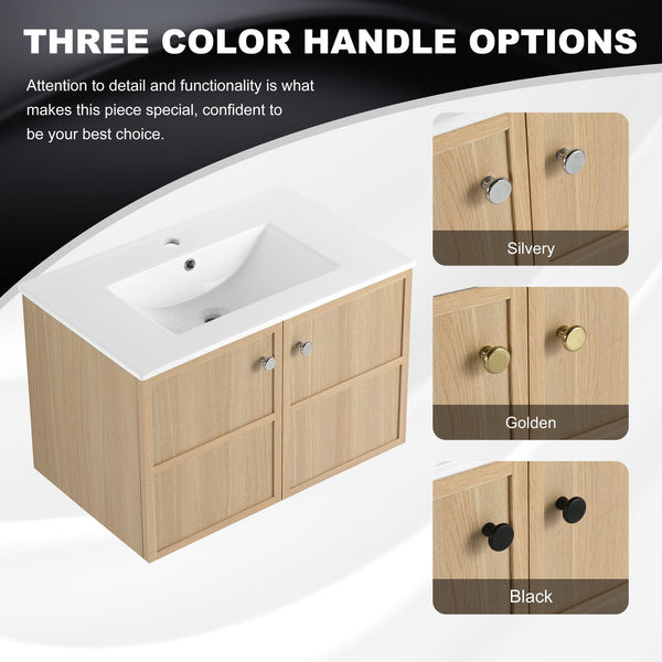 English Elm 30" Oak Wall-Mounted Bathroom Vanity with Ceramic Sink, 2 Soft-Closing Doors, Plywood Build, Space-Saving Design W1972S00022