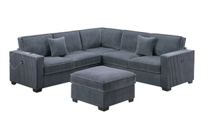 English Elm Contemporary Corduroy Sectional Set with Usb Ports Ottoman and Modular Living Room Seating B011S02200