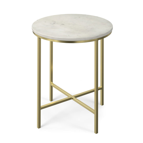 English Elm Tara Gold Side Table with White Marble Top – Handcrafted Iron & Wood Accent, Versatile End Table B136P203474