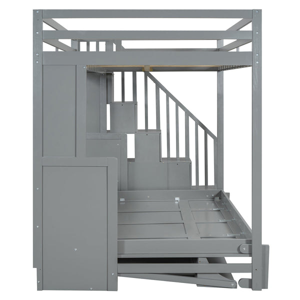 English Elm Full Over Murphy Bunk Bed with Hydraulic Lift Staircase Storage and Fold Away Desk LP000698AAE