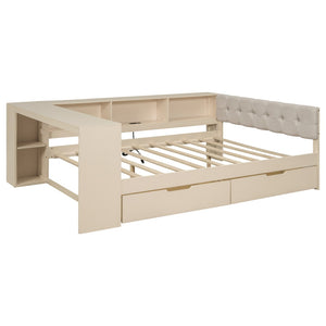 English Elm Wood Full Size Platform Bed With Upholstered Headboard, Storage Drawers, And Usb Charging Station GX002108AAC-1-GIGA