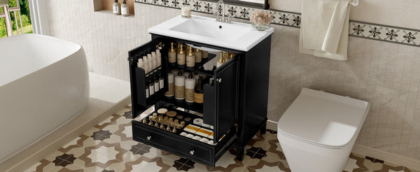 English Elm 30" Bathroom Vanity with Sink — Modern Freestanding 30" Cabinet with Ceramic Top, Drawer, Doors, Shelf Black N725P221263B