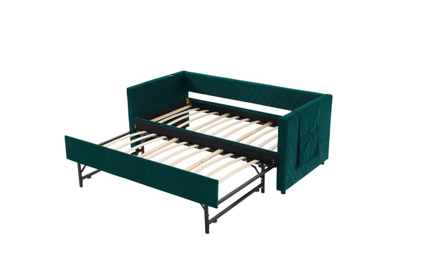 English Elm Twin Velvet Upholstered Daybed with Trundle, V-Pattern Backrest, USB Port, Side Pockets, Sturdy Design Emerald W1361S00043