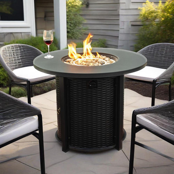 English Elm 32" 32inch Propane Fire Pit Table 50,000 BTU Steel Outdoor Patio Wicker Look with Rocks Lid Included W853P193941