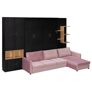 English Elm Queen Murphy Wall Bed with Velvet Sofa Built in Shelves Cabinets and Reading Lights Black LP000393AAB