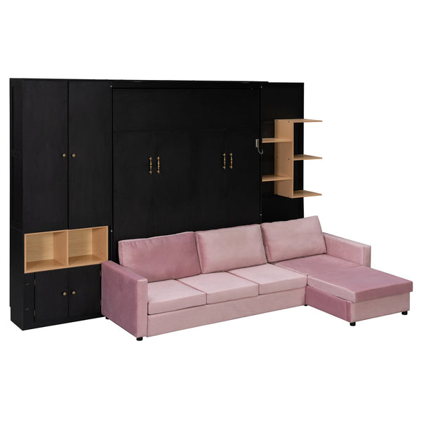 English Elm Queen Murphy Wall Bed with Velvet Sofa Built in Shelves Cabinets and Reading Lights Black LP000393AAB