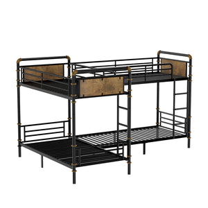 English Elm Quad Quad Bunk Bed for 4 Kids - Heavy Duty Metal Twin Frame, Detachable Triple Layout, Rustic Black Wood Finish, 250lb Capacity Each, Space-Saving Modular Design W2580S00020