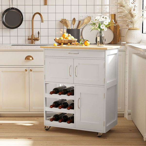 English Elm HOMCOM Mobile Kitchen Island Cart with Butcher Block, 9-Bottle Wine Rack, Cabinets & Drawer, White W2225P173896