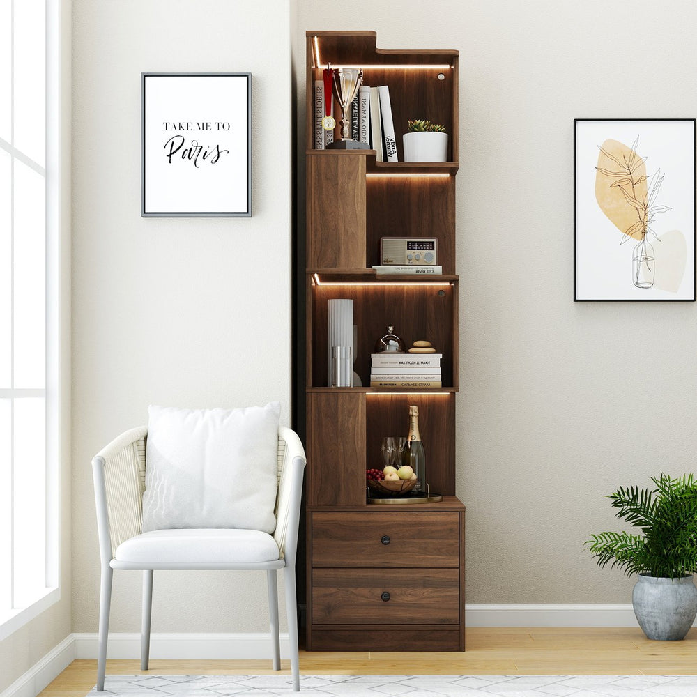 English Elm Corner Bookcase with Led Lighting and Drawers Freestanding L Shaped 4 Tier Display Shelf Walnut W331P397438