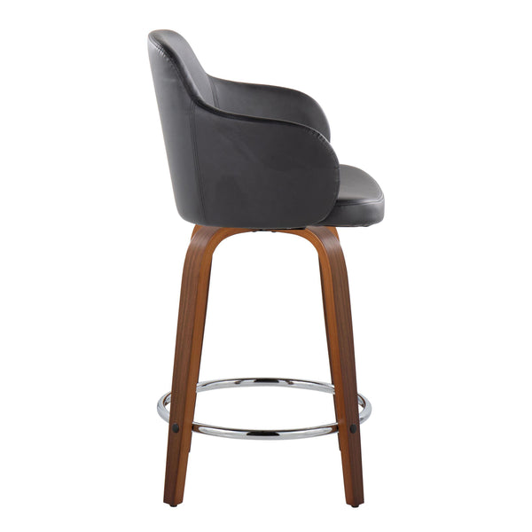 English Elm 24" Swivel Counterstools Walnut Base Faux Leather Bucket Seat Chrome Footrest Pair B202S00009