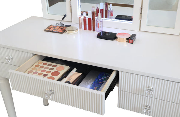 English Elm AGODY Mirrored Vanity with LED Light and Solid Rubber Wood Frame, Skin-Friendly PU Seat for Bedroom Antique White W2170P208420