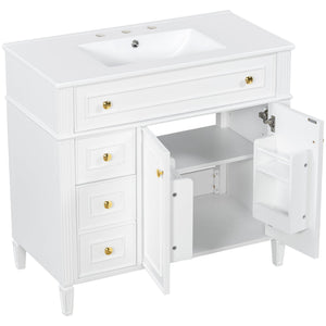 English Elm 36 Inch Freestanding Bathroom Vanity Sage Pine Cabinet Gold Hardware Ceramic Sink White N725P366468K