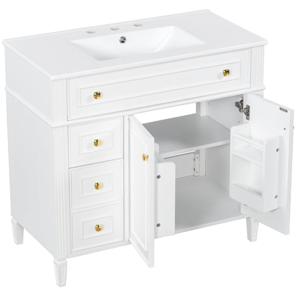 English Elm 36 Inch Freestanding Bathroom Vanity Sage Pine Cabinet Gold Hardware Ceramic Sink White N725P366468K