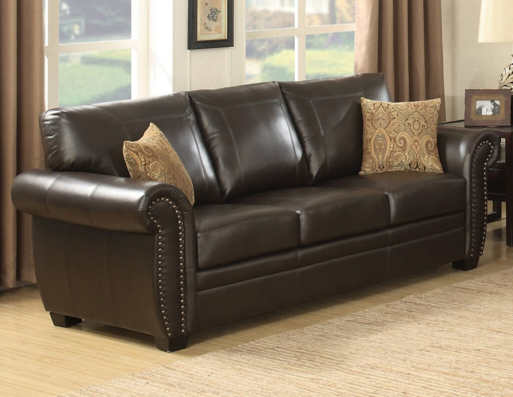English Elm Tranditional Vintage Dark Brown Leather Sofa - 3-Seater With Curved Armrests & 2 Pillows For Comfort B347P408523-GIGA