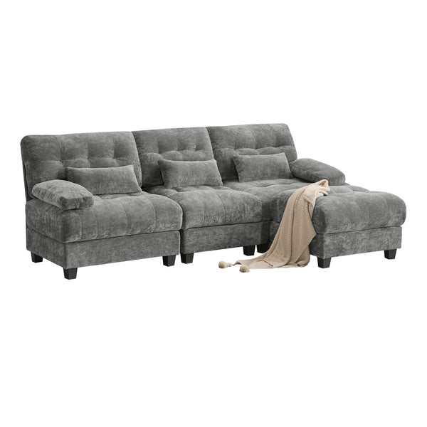 English Elm Ottoman and Chenille Sofa Set with Adjustable Backrest for Relaxed Living Room Comfort Gray W2606P359228