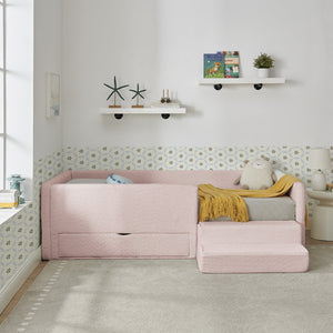 English Elm Twin Boucle Upholstered Kids Bed with Guardrails Built in Storage and Cushioned Step Stool Pink W1413P433365