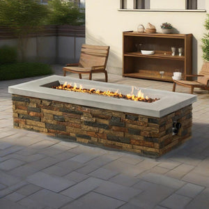 English Elm 60" Propane Gas Fire Pit Table 2-Pieces 60000 BTU Rectangular Concrete Sandstone with Cover & Lava Rocks W853S00007