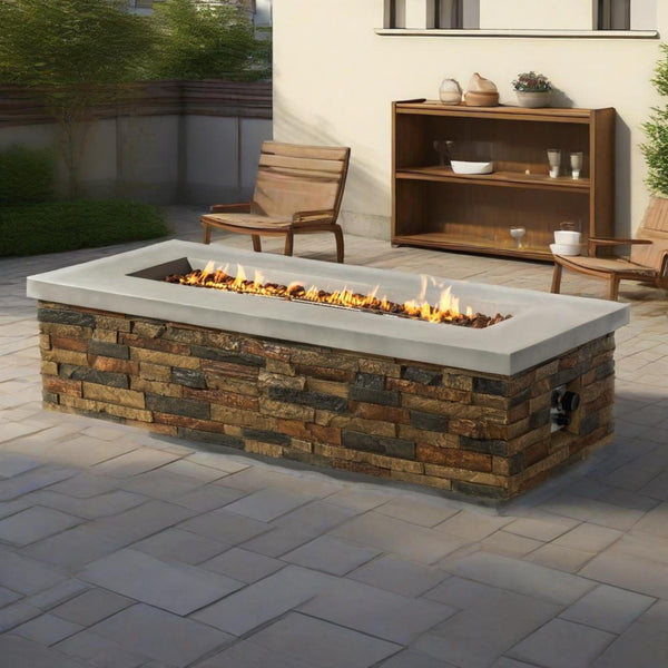 English Elm 60" Propane Gas Fire Pit Table 2-Pieces 60000 BTU Rectangular Concrete Sandstone with Cover & Lava Rocks W853S00007