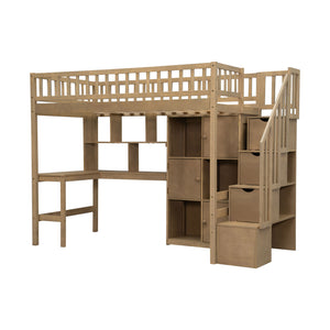 English Elm Wood Twin Loft Bed with Built-In L-Desk, LED Lighting, Staircase Storage, Shelves & Cabinets Walnut N7090000470D
