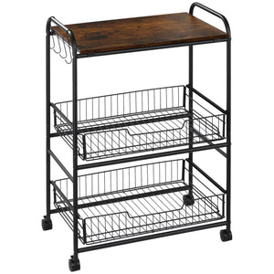 English Elm HOMCOM Rustic Brown 3-Tier Rolling Kitchen Cart with 2 Pull-Out Baskets, Side Hooks & Brake Wheels W2225P217410