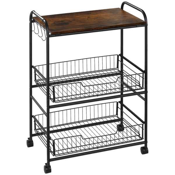 English Elm HOMCOM Rustic Brown 3-Tier Rolling Kitchen Cart with 2 Pull-Out Baskets, Side Hooks & Brake Wheels W2225P217410