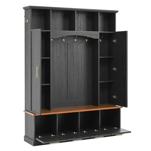 English Elm Hall Tree with Cabinet Storage Bench Gold Hooks Modern Farmhouse Entryway Organizer N721P313980B