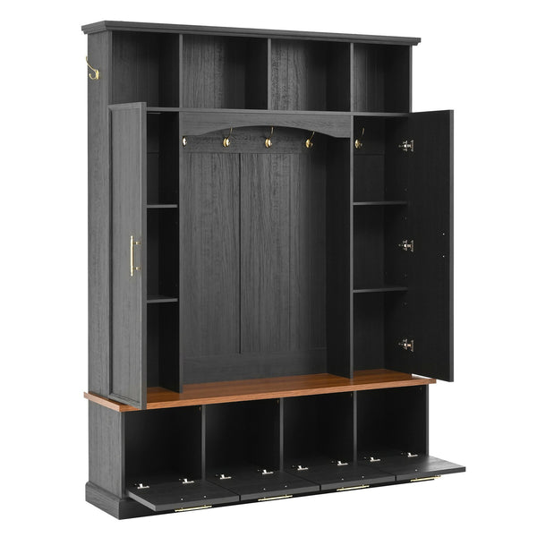English Elm Hall Tree with Cabinet Storage Bench Gold Hooks Modern Farmhouse Entryway Organizer N721P313980B