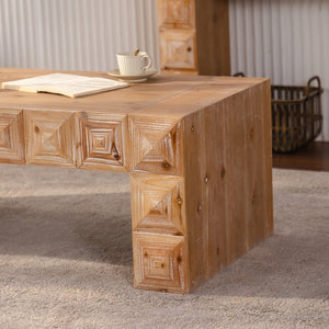English Elm 47.24" Solid Wood Geometric Relief Carved Rectangular Coffee Table for Boho Living Rooms W3158P426657
