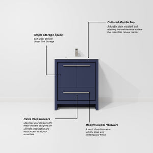 English Elm Navy Blue Bath Vanity 30" W X 20" D With Cultured Marble Top & Gun Metal Faucet For Modern Elegance B2731P259302