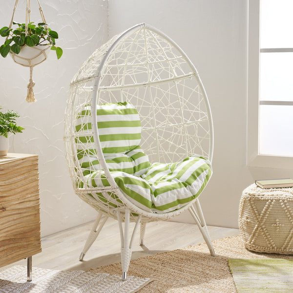 English Elm Christopher Knight Home® - GIANNI Teardrop Wicker Outdoor Chair with Water-Resistant Cushion, Handcrafted Faux Rattan Iron Frame Comfort White+Green 65645.00WGRN