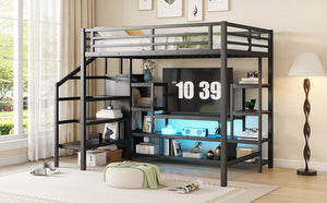 English Elm Full Size Metal Loft Bed With Integrated Tv Stand, Staircase & Wardrobe - Perfect For Kids & Teens! W2593S00012