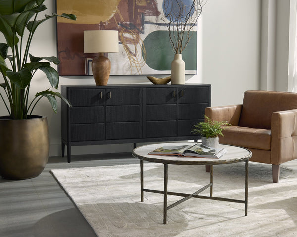 Sunpan RIYAZ Coffee Table - Elegant White Marble & Hand-Hammered Metal, Versatile Contemporary Centerpiece 112484