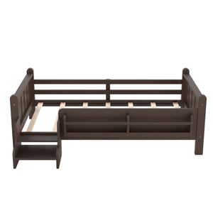 English Elm Twin Pine Floor Bed for Kids with Side Bookcases Built-in Stairs and Safety Guardrails Espresso W1580P390217