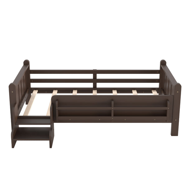 English Elm Twin Pine Floor Bed for Kids with Side Bookcases Built-in Stairs and Safety Guardrails Espresso W1580P390217