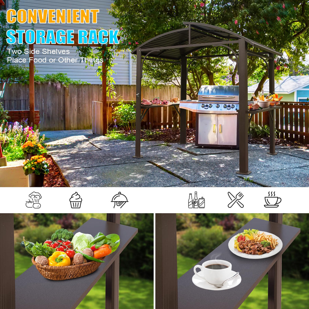 English Elm 8x5FT Arc Roof Grill Canopy with Double Galvanized Steel Roof, Sturdy Frame, Side Shelves, Bottle Opener Brown W1859S00075