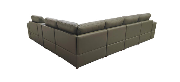 English Elm Premium Leather Match Sectional with Dual Recliners Square Arms and Console Storage Olive Green B2748S00142