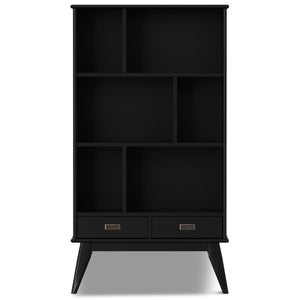 English Elm Draper Mid-Century Wide Bookcase & Storage Unit — Solid Rubberwood Black Finish, 6 Shelves, 2 Drawers, Anti-Tip B136P238616