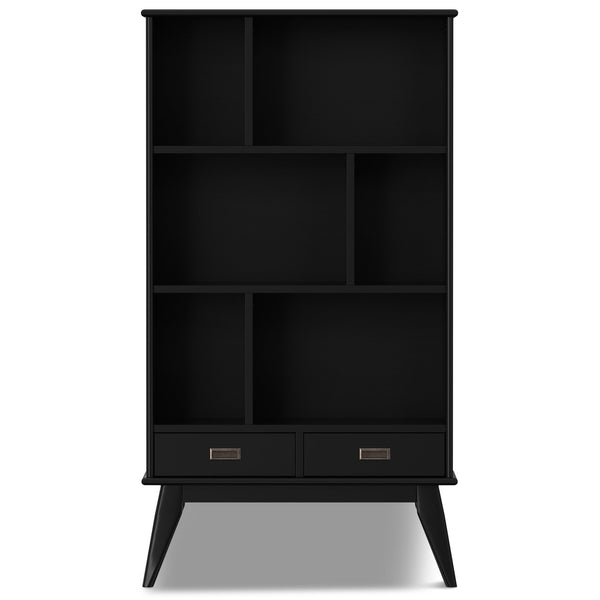 English Elm Draper Mid-Century Wide Bookcase & Storage Unit — Solid Rubberwood Black Finish, 6 Shelves, 2 Drawers, Anti-Tip B136P238616