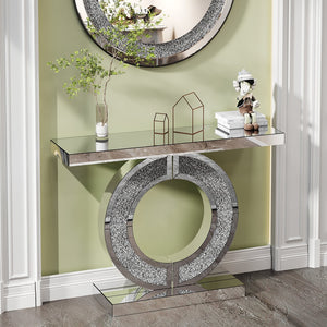 English Elm O O Shaped Mirror Console Table Silver Double-O Crystal Base Glam Hallway Accent Table for Living Room W3836P362144