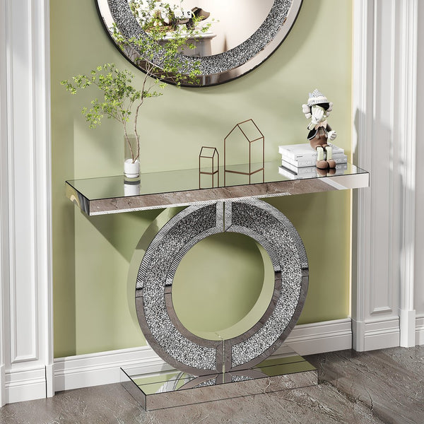 English Elm O O Shaped Mirror Console Table Silver Double-O Crystal Base Glam Hallway Accent Table for Living Room W3836P362144