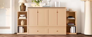 English Elm Full Golden Murphy Bed with Storage Drawers & Shelves, Space-Saving Wall Cabinet for Guests W1580S00254